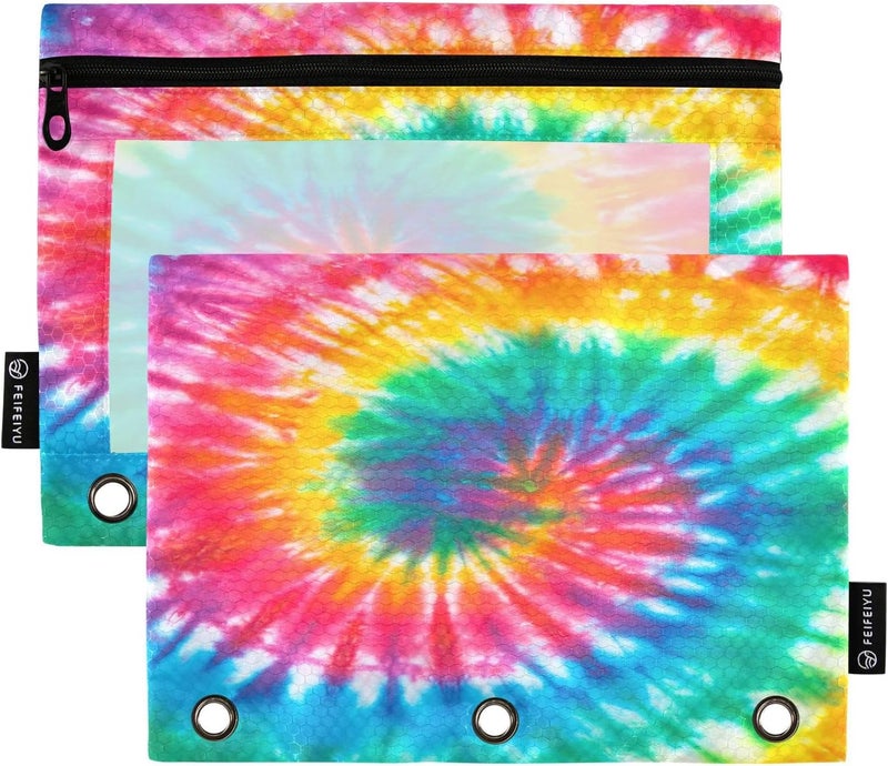 BOENLE Tie Dye Pencil Pouch for 3 Ring Binder, 2 Pack Waterproof Pencil Bags Clear Window Zipper School Office Supplies - Image 1